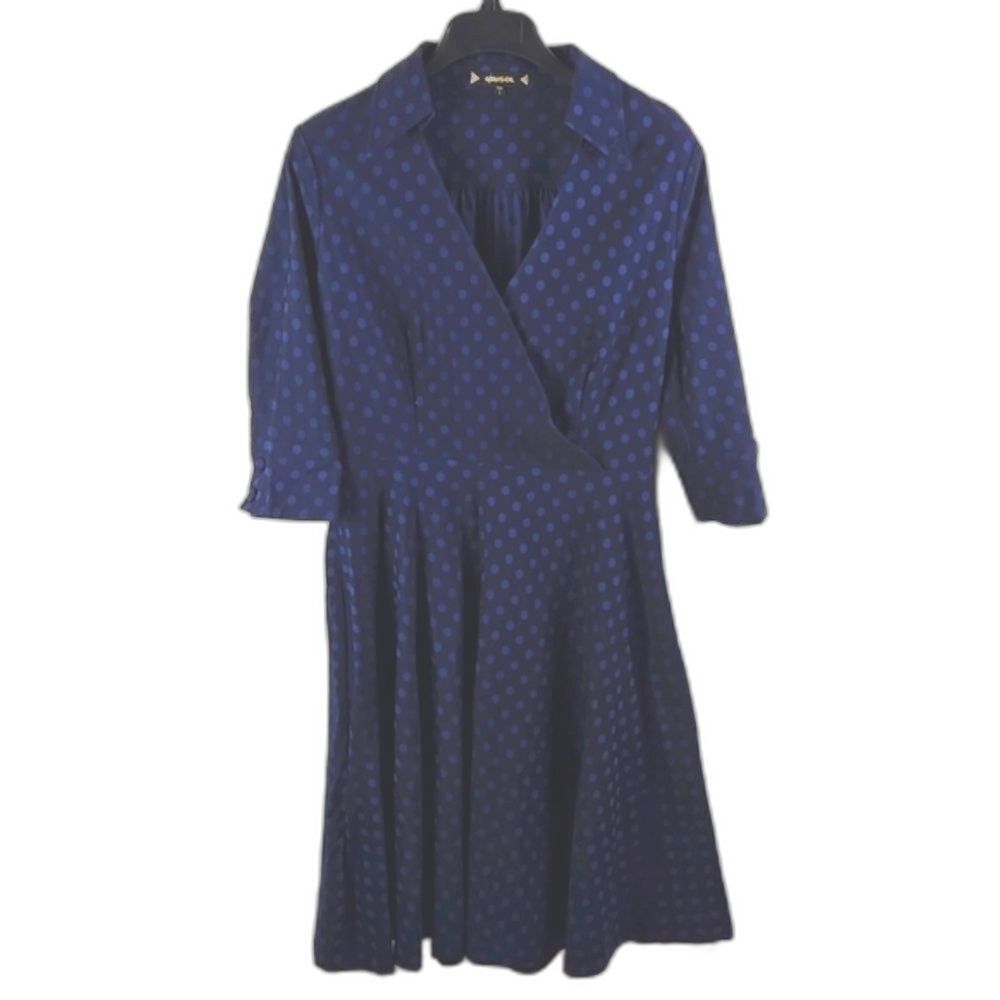 Miusol Navy Blue Polka Dot Flared Wrap A-Line Midi Dress Sz L Cottagecore